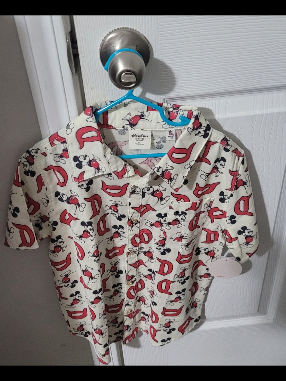Disney Cream Button-Up Shirt with Red Mickey & D Print